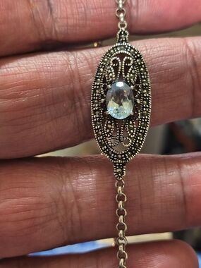 Vintage Sterling Silver Marcasite And Topaz Chain Bracelet Signed 8" Inch